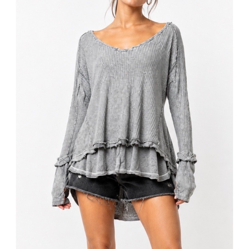 We The Free Shirt Small Oversized Gray Waffle Knit Layered Thermal Top Boho
